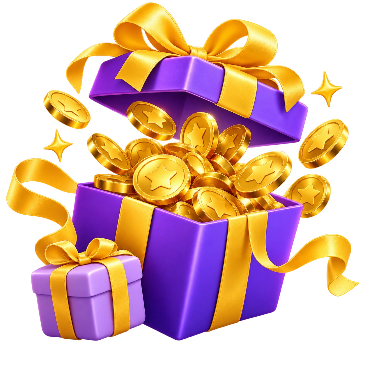 A purple gift box with gold coins and stars